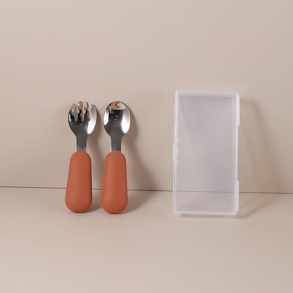 Couverts Bébé en Silicone et Acier Inoxydable | Set avec Étui
