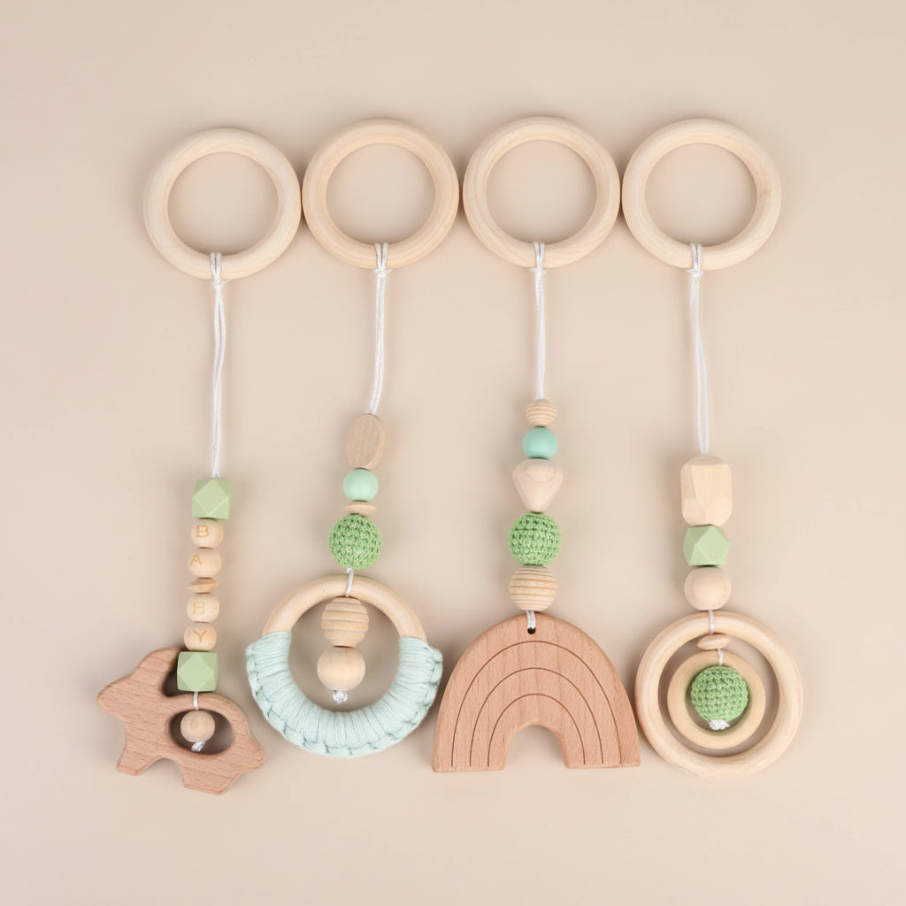 Suspensions Sensorielles en Bois Naturel - Set de 4 Jouets Montessori pour Arche d'Éveil