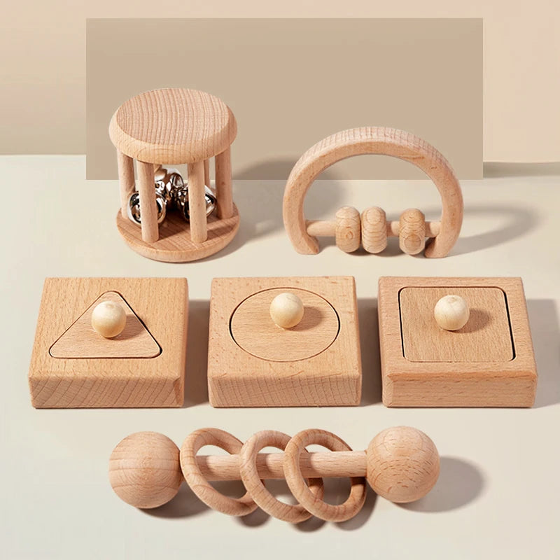 Ensemble de 6 Hochets en Bois Montessori pour Bébé