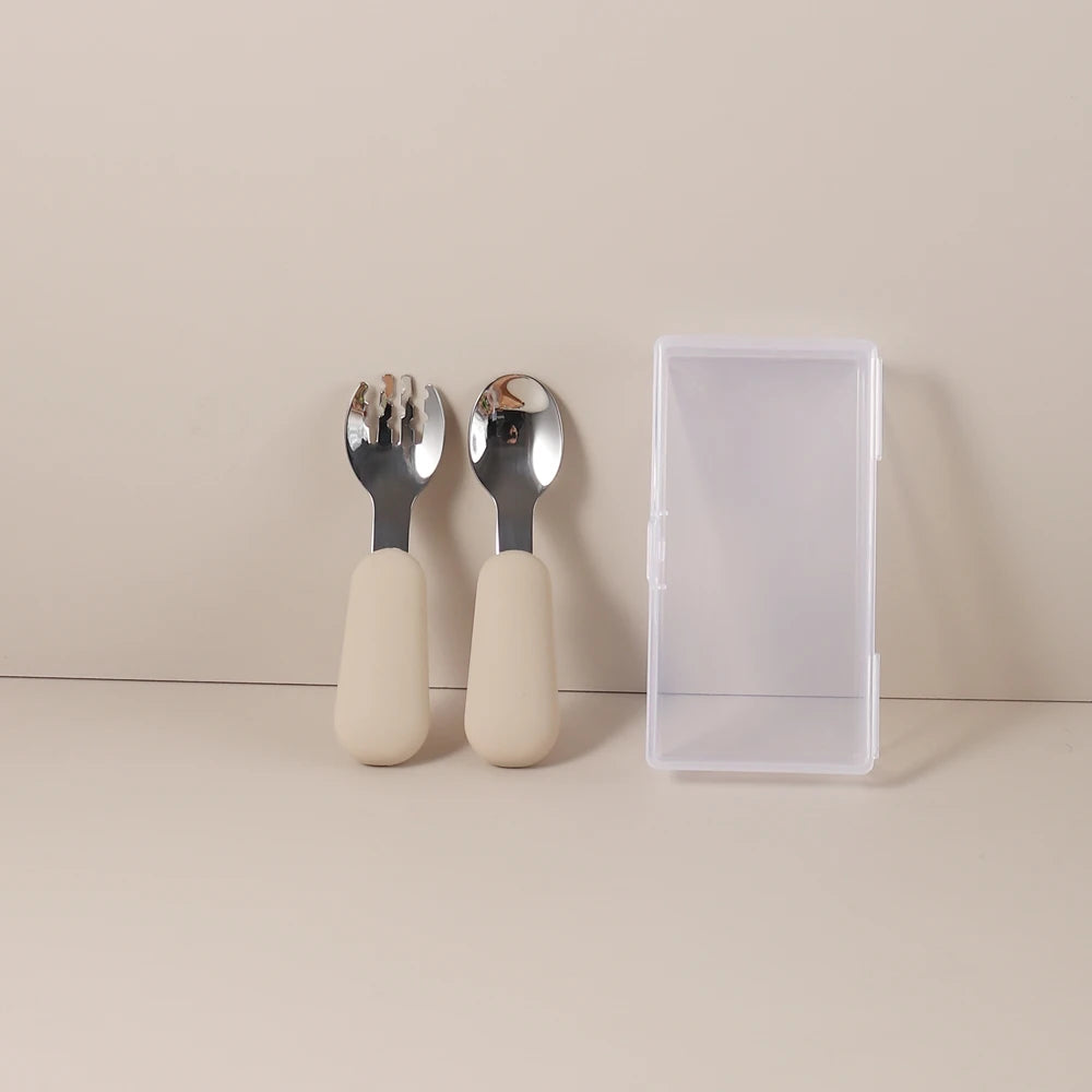 Couverts Bébé en Silicone et Acier Inoxydable | Set avec Étui