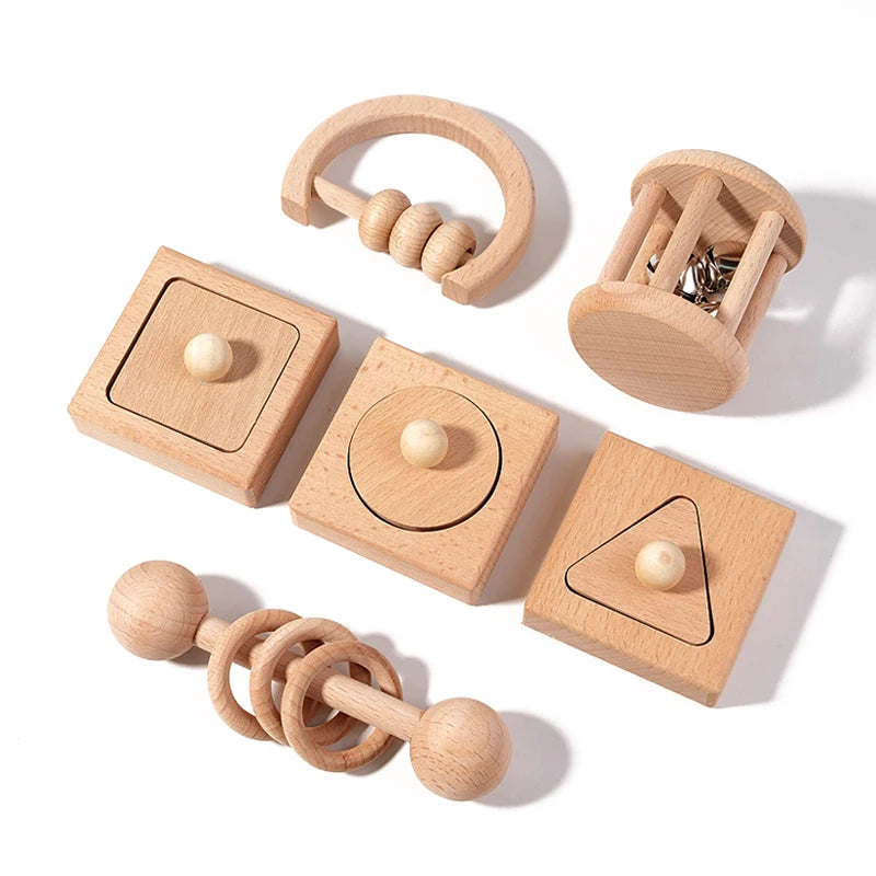 Ensemble de 6 Hochets en Bois Montessori pour Bébé