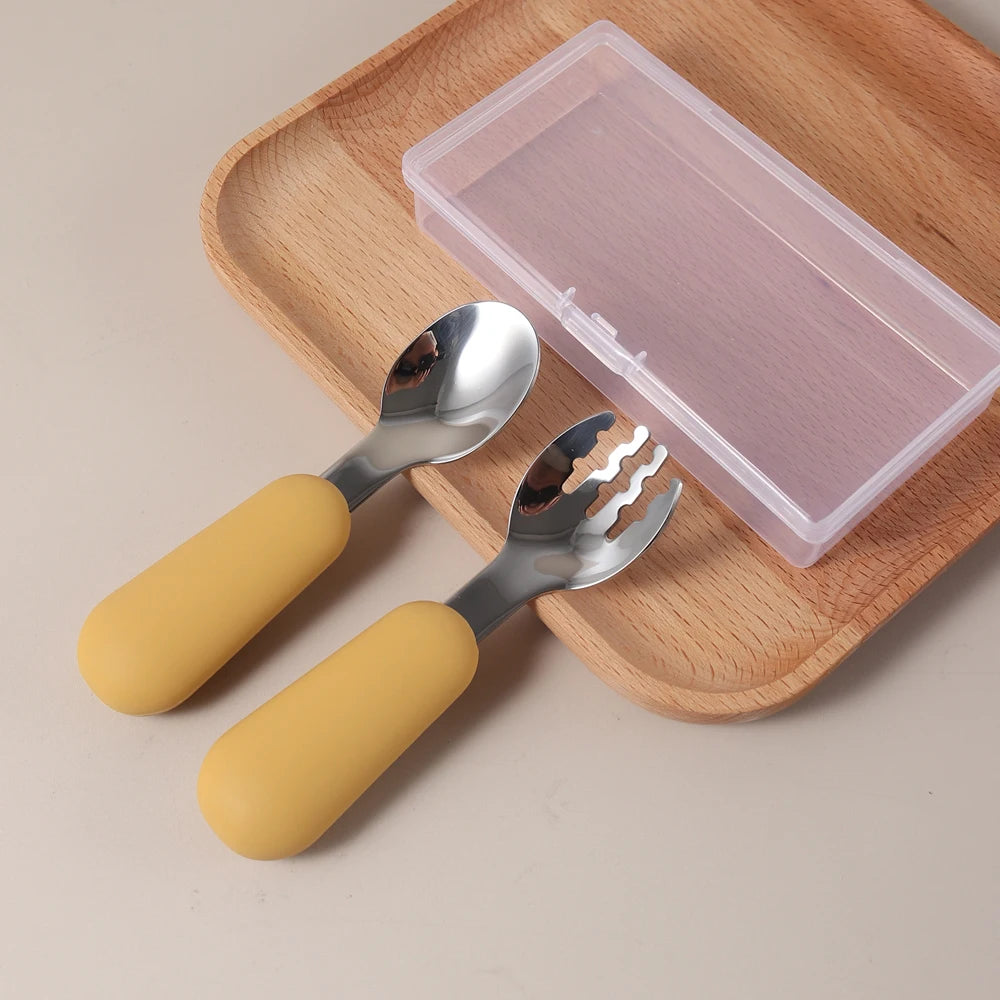 Couverts Bébé en Silicone et Acier Inoxydable | Set avec Étui