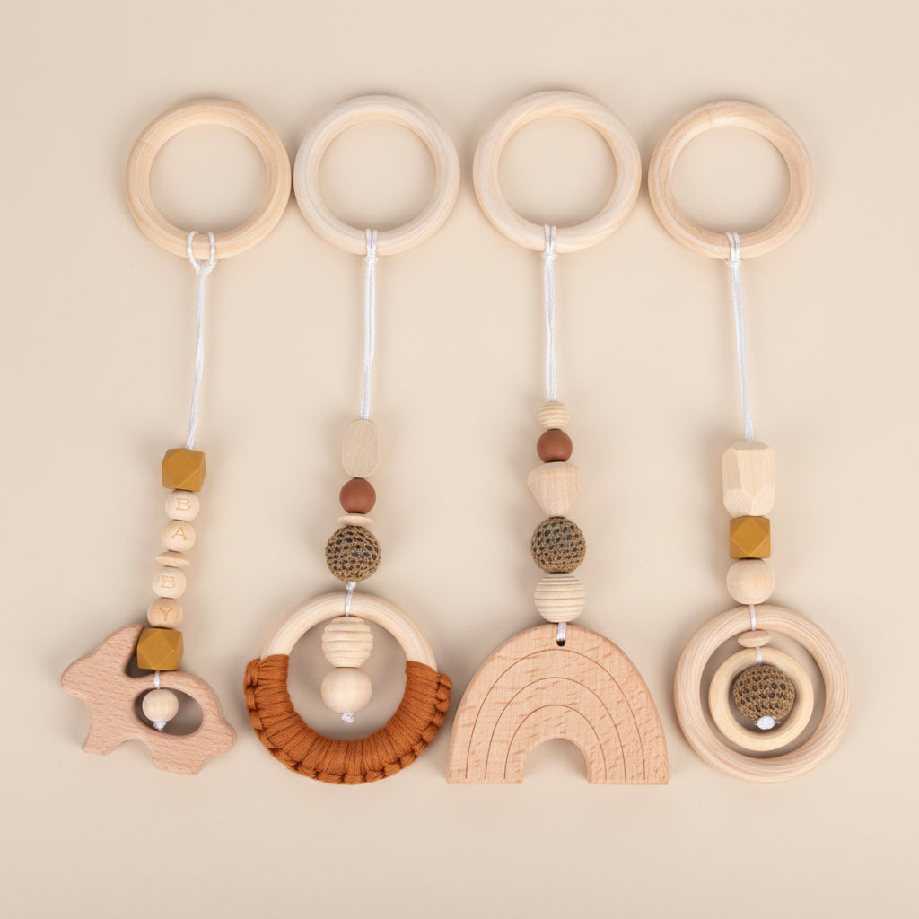 Suspensions Sensorielles en Bois Naturel - Set de 4 Jouets Montessori pour Arche d'Éveil