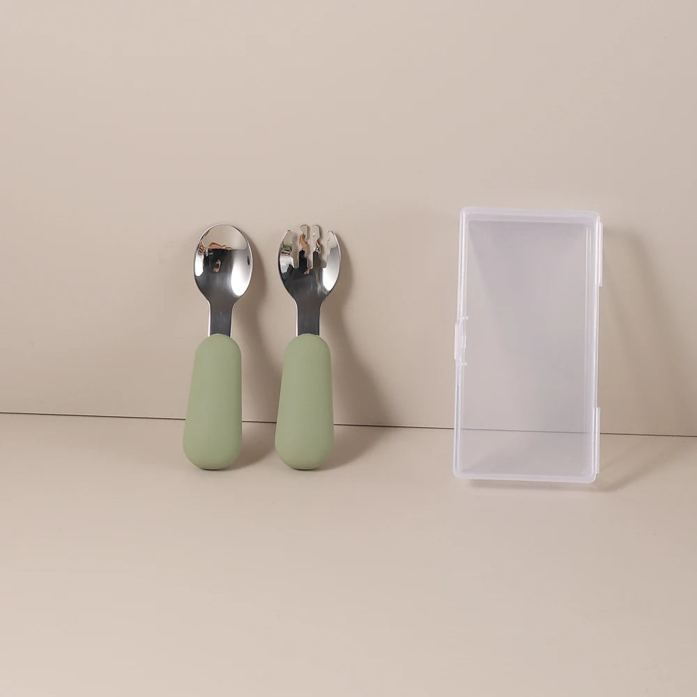 Couverts Bébé en Silicone et Acier Inoxydable | Set avec Étui
