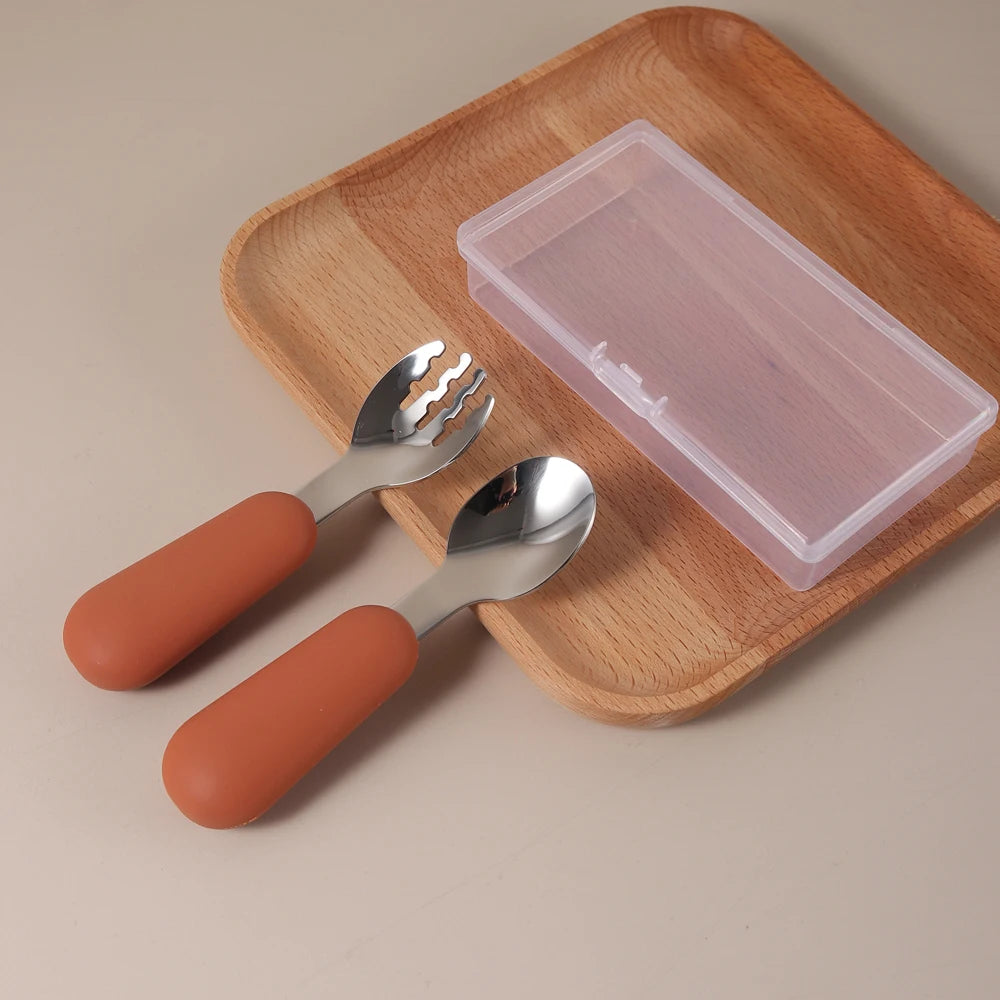 Couverts Bébé en Silicone et Acier Inoxydable | Set avec Étui