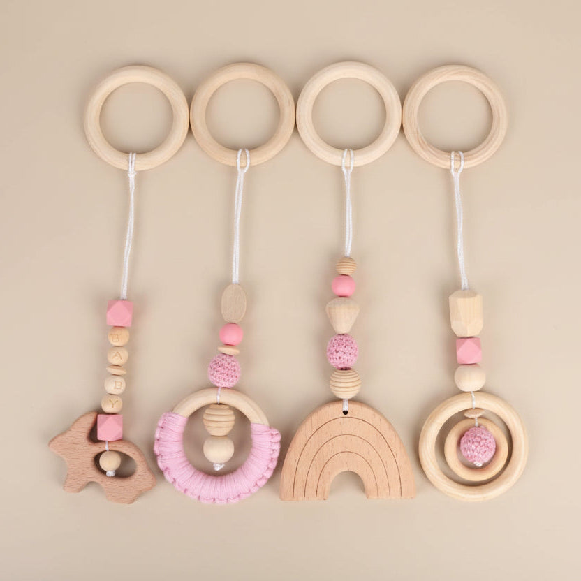 Suspensions Sensorielles en Bois Naturel - Set de 4 Jouets Montessori pour Arche d'Éveil