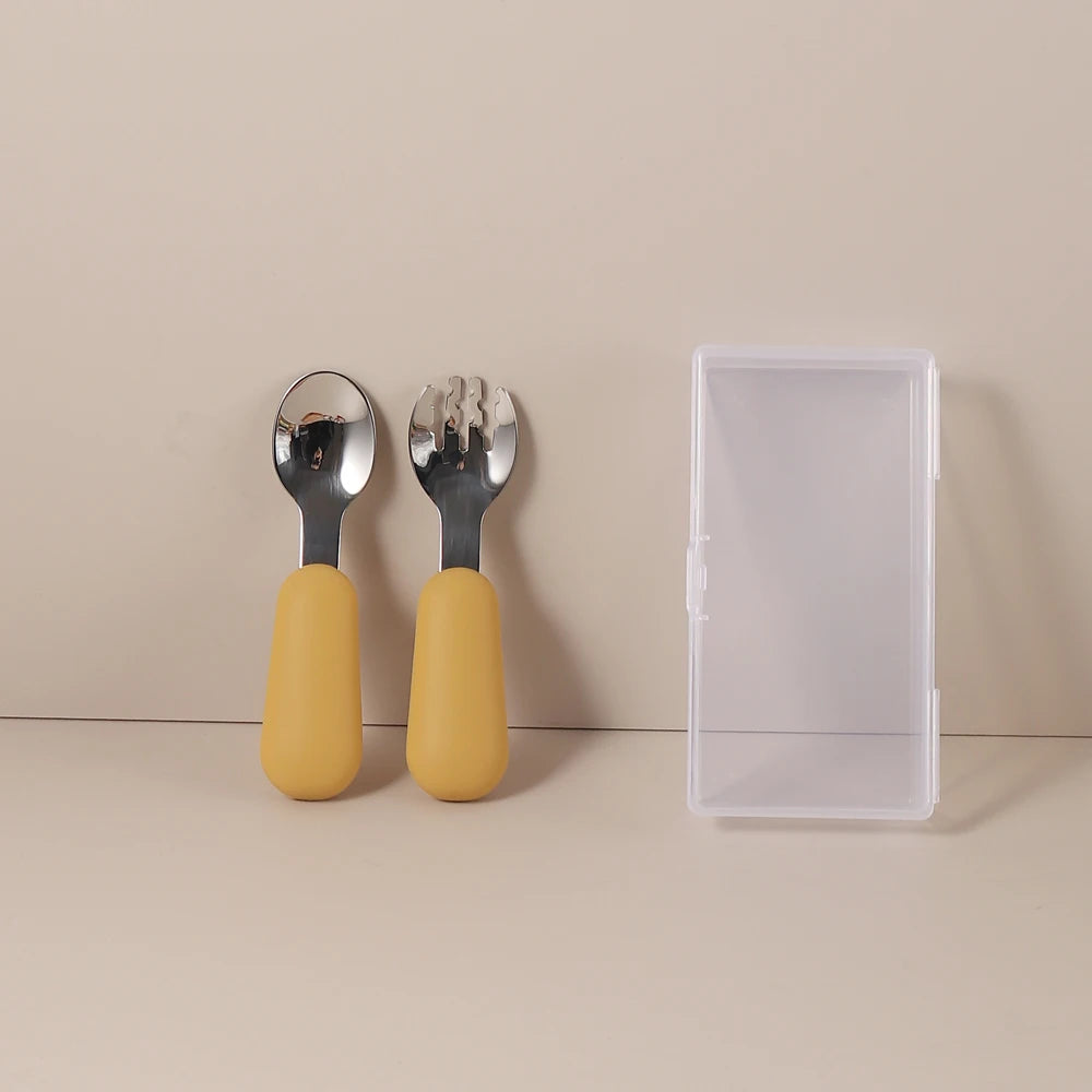 Couverts Bébé en Silicone et Acier Inoxydable | Set avec Étui