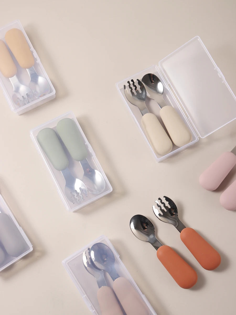 Couverts Bébé en Silicone et Acier Inoxydable | Set avec Étui