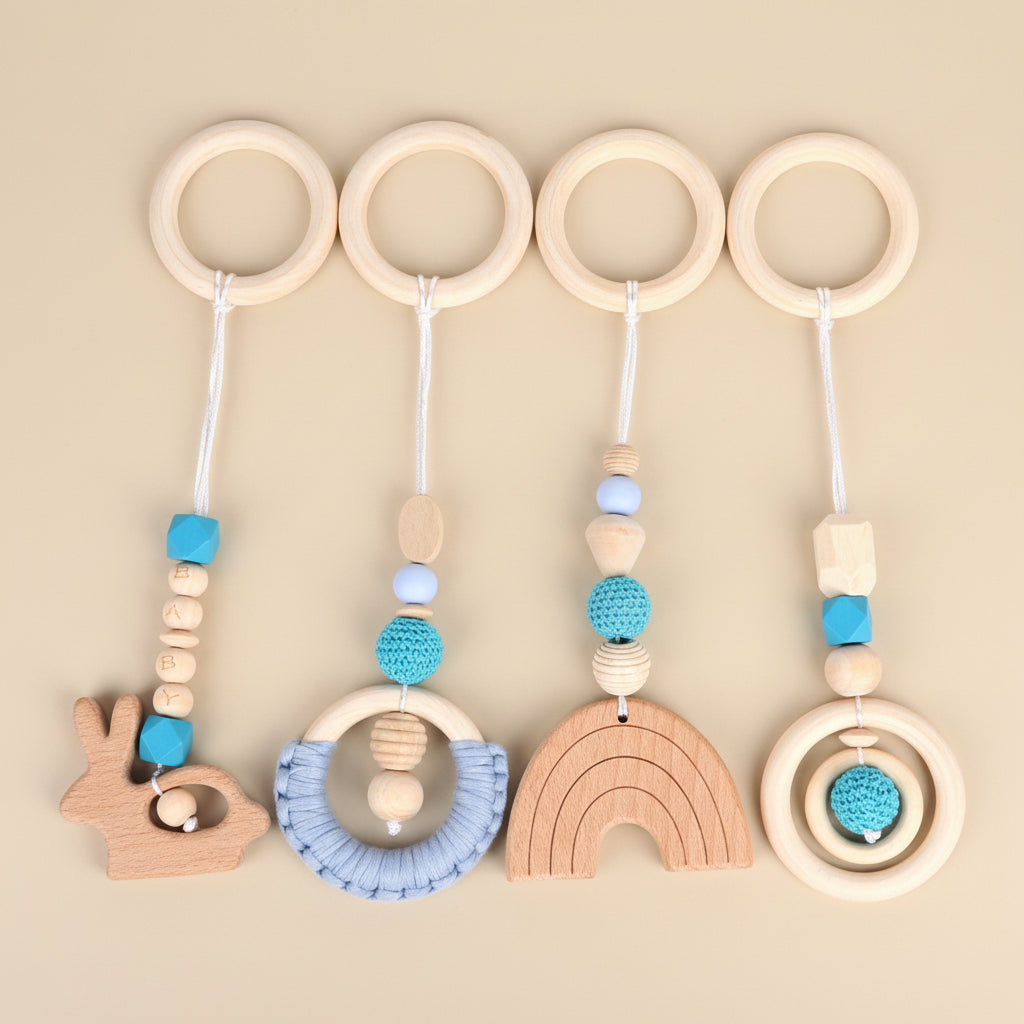 Suspensions Sensorielles en Bois Naturel - Set de 4 Jouets Montessori pour Arche d'Éveil