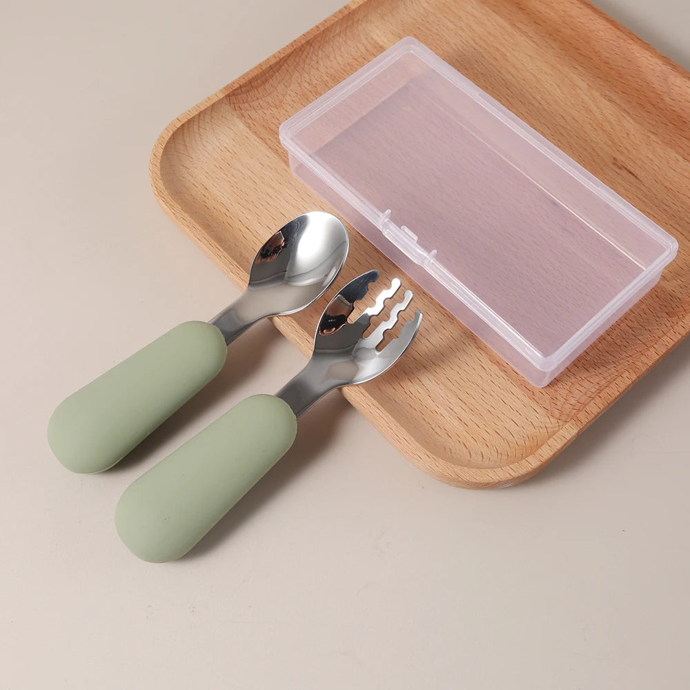 Couverts Bébé en Silicone et Acier Inoxydable | Set avec Étui