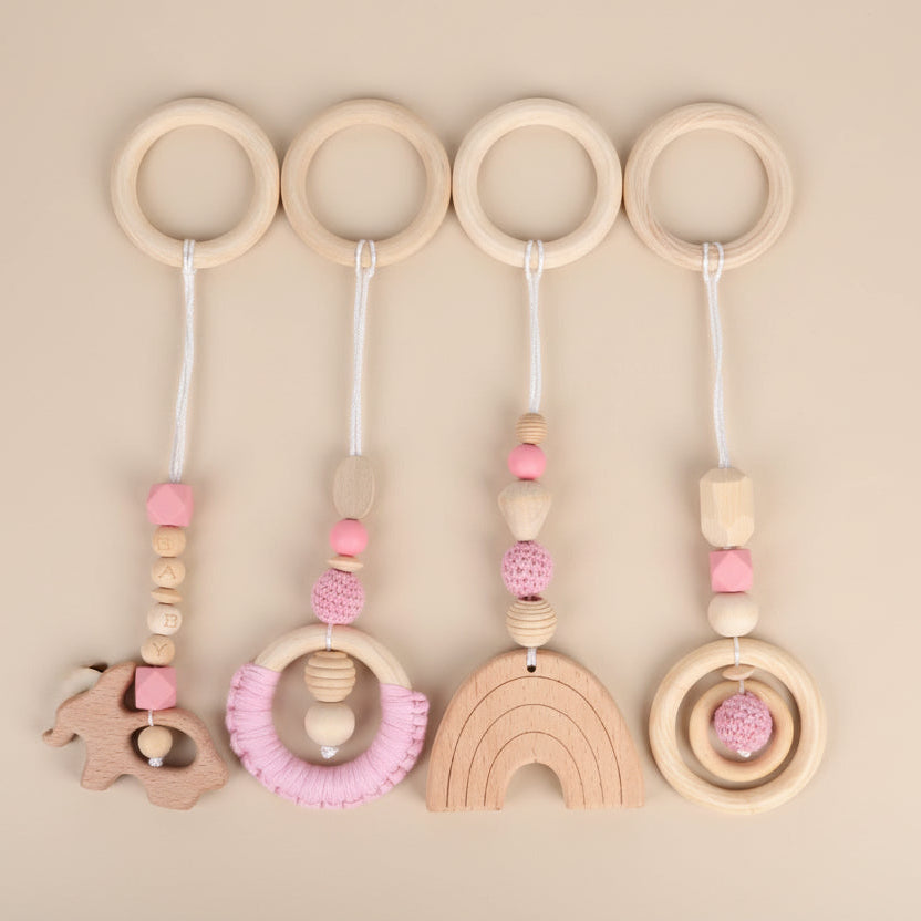 Suspensions Sensorielles en Bois Naturel - Set de 4 Jouets Montessori pour Arche d'Éveil