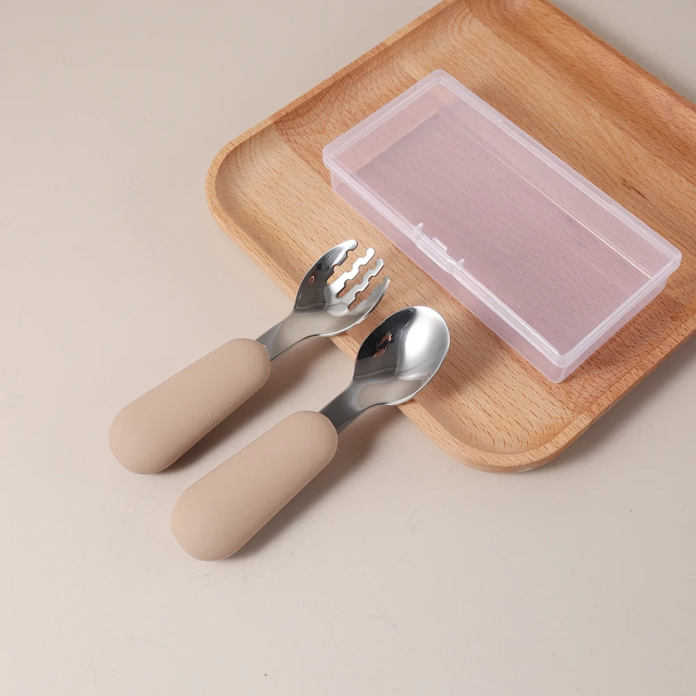 Couverts Bébé en Silicone et Acier Inoxydable | Set avec Étui