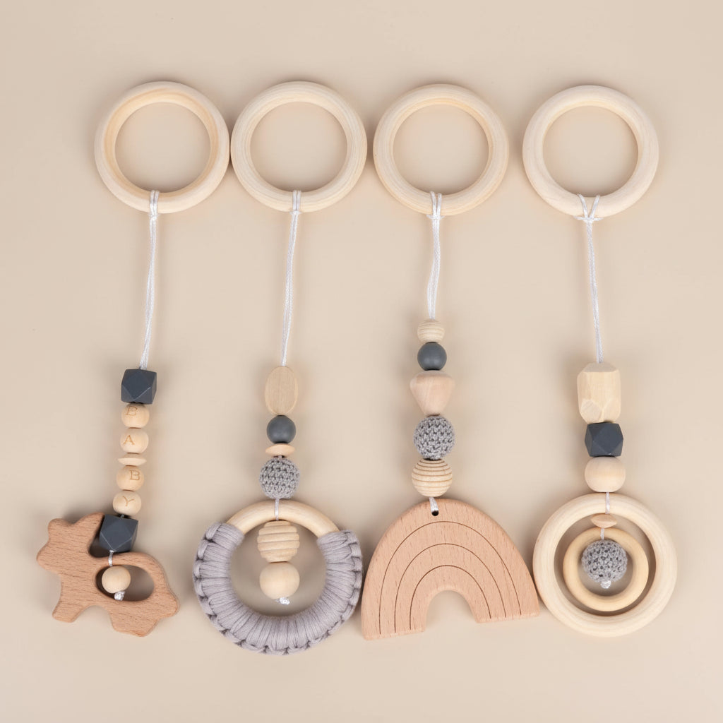 Suspensions Sensorielles en Bois Naturel - Set de 4 Jouets Montessori pour Arche d'Éveil