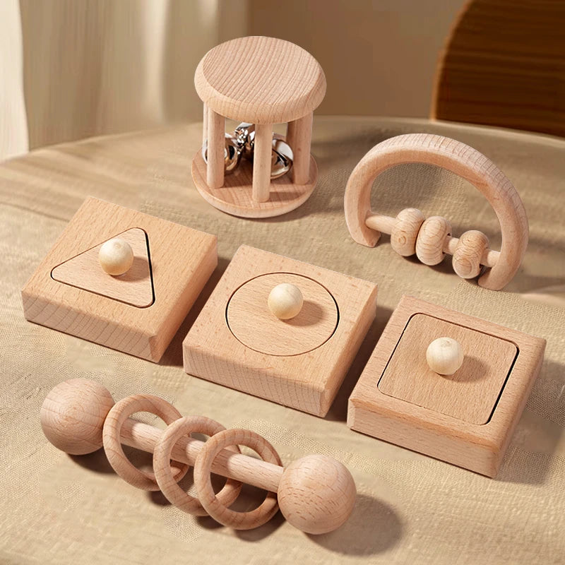 Ensemble de 6 Hochets en Bois Montessori pour Bébé